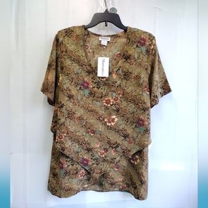Momentum Layered Look Floral Long Blouse Olive Pullover L
